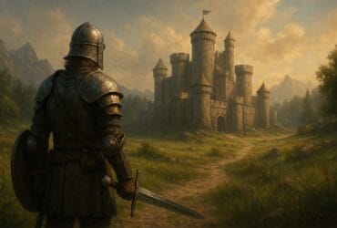 Guerriero In Armatura Osserva Un Castello Medievale In Lontananza, Rappresentando L’atmosfera Fantasy Di Oblivion Remastered.