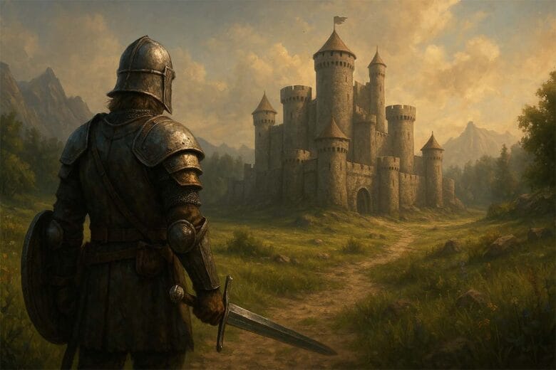 Guerriero In Armatura Osserva Un Castello Medievale In Lontananza, Rappresentando L’atmosfera Fantasy Di Oblivion Remastered.