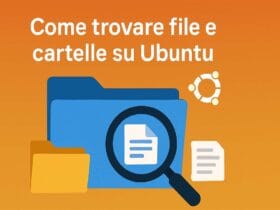Illustrazione che mostra cartelle e lente di ingrandimento su Ubuntu per rappresentare la ricerca di file.
