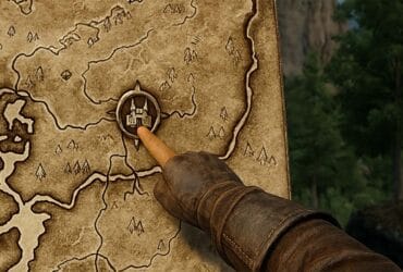 Mappa Antica In Oblivion Remastered Con Un Personaggio Che Seleziona Una Città Per Il Viaggio Rapido.